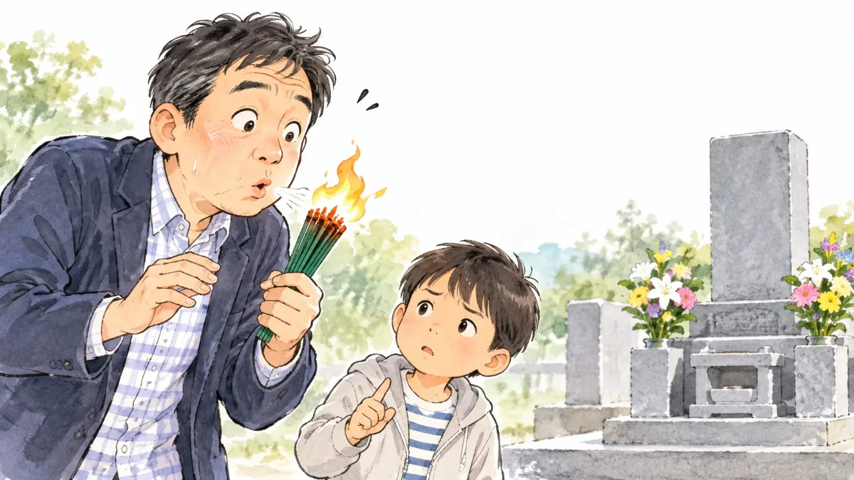 お墓の前で、束のお線香の火が燃え上がり、慌てて口で吹き消そうとする男性と、それを見つめる男の子のイラスト