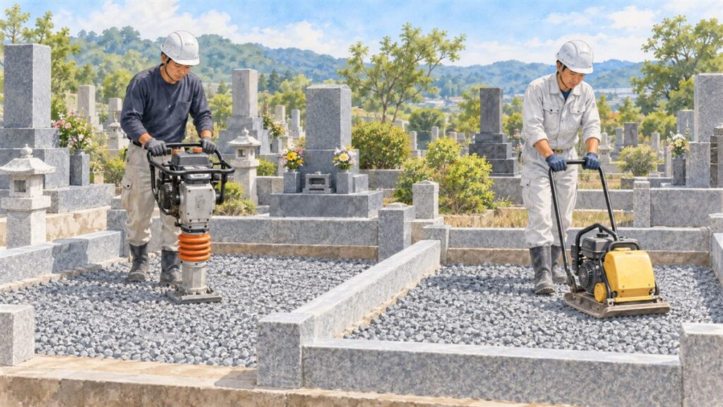 掘り下げた墓所の底で、基礎砕石をランマー（左）とプレートコンパクター（右）で転圧する職人