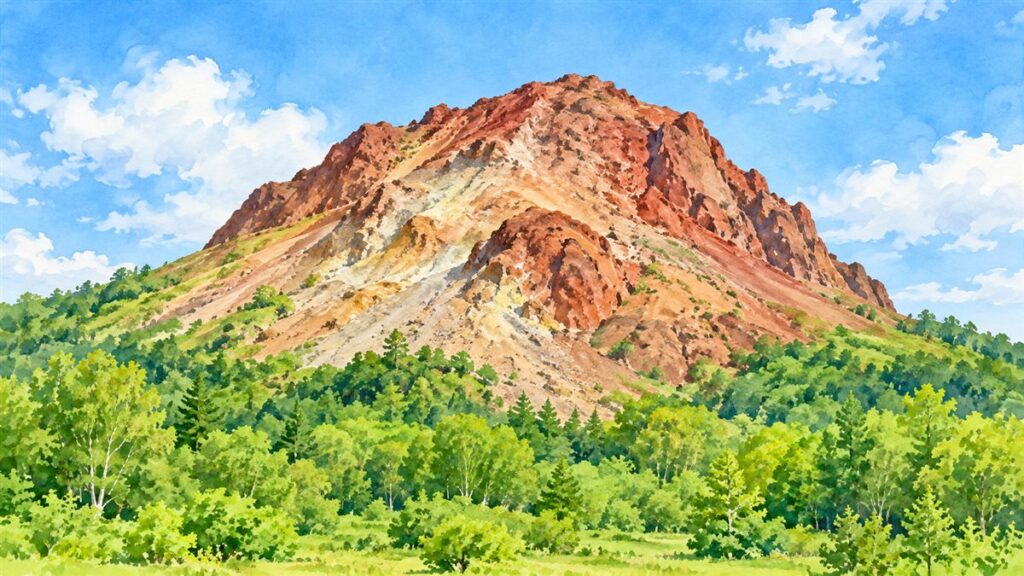 赤茶色の岩肌がむき出しになった北海道の昭和新山の水彩イラスト