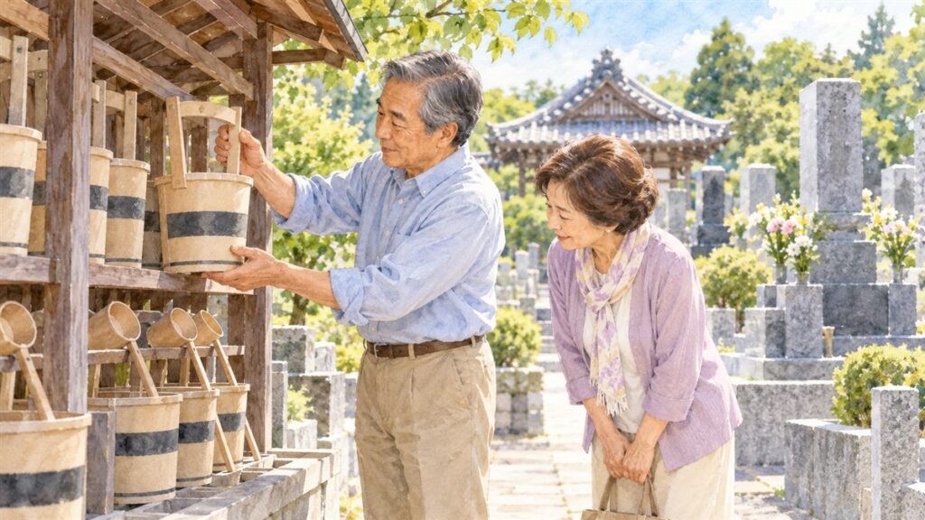 お寺の墓地の水汲み場で、家名入りの手桶を棚からお借りする夫婦の水彩イラスト