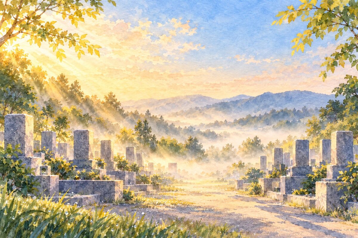 朝の光が差し込む、静かな墓地。墓石の列と、うすい朝もや、朝露に光る草を描いた水彩イラスト