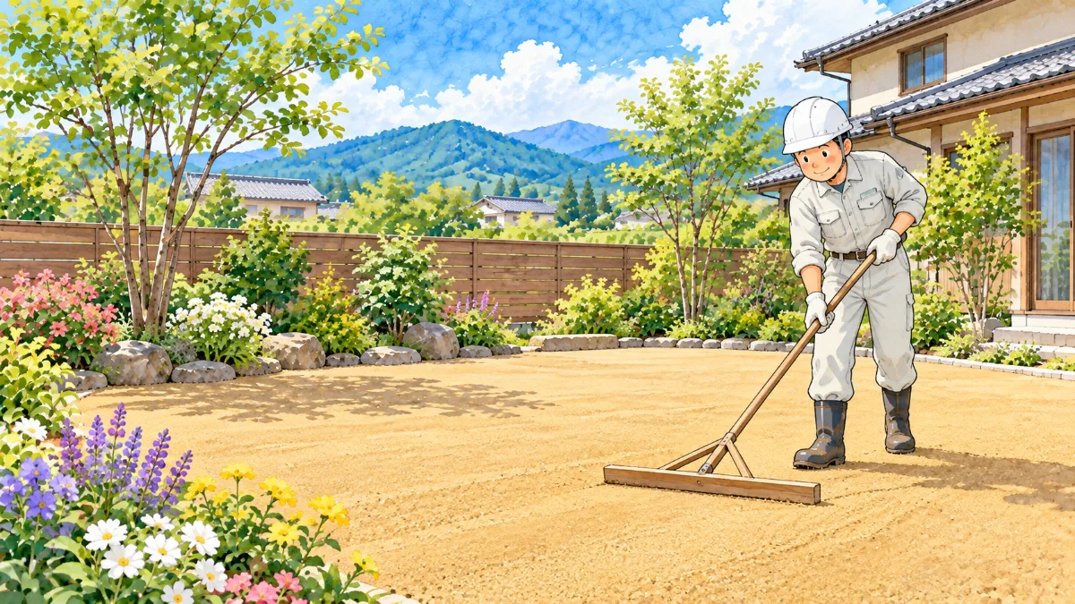 山砂(真砂土)を敷いた庭を、作業員がトンボで均している。明るい薄茶色の山砂と、花壇の草花がきれいなコントラストになっている