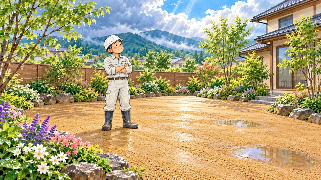 台風に近い大雨が上がったあとの、山砂（真砂土）を敷いた庭。水が流れた細い筋と小さな水たまりがあるが、大きくは崩れていない。作業員がこっとした表情で見渡している