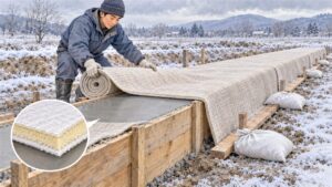 打設したコンクリート基礎に3層構造の養生マットを敷き、型枠の外側で土のう袋で押さえる作業員の水彩イラスト(不織布の面がコンクリートに接している)
