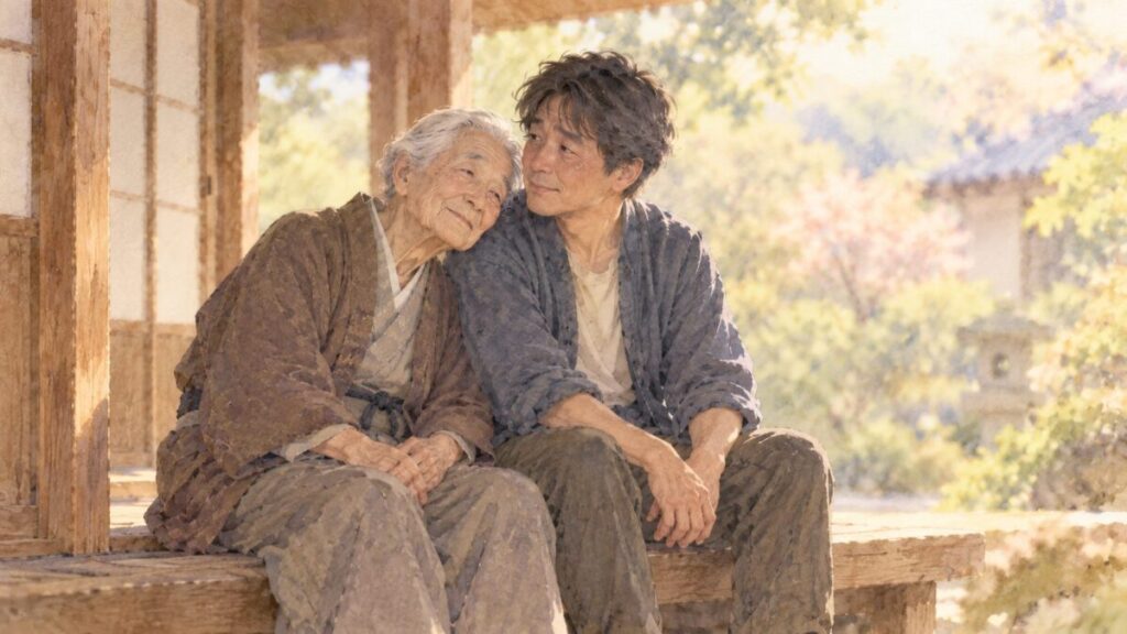 夢の中、縁側に並んで座り、会ったことのないひいおじいちゃんに身を寄せられる男性(水彩のイラスト)