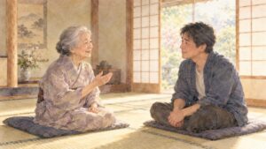 夢の中、朝の光が差す和室で、亡くなったおばあちゃんと向かい合って話す男性（水彩のイラスト）