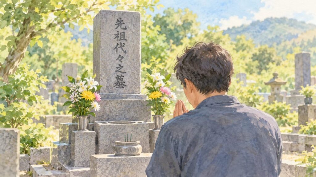 明るい墓地で、「先祖代々之墓」の墓石に向かって手を合わせる男性(水彩のイラスト)